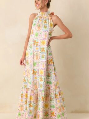 Reversible Sleeveless High-Neck Floral Tile Print Maxi Dress in Cream